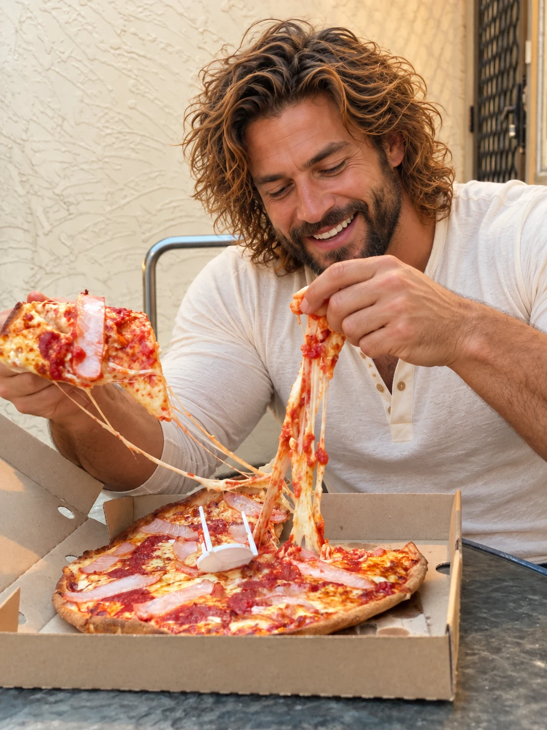 Husband laughing as he lifts a long, cheesy slice of pizza